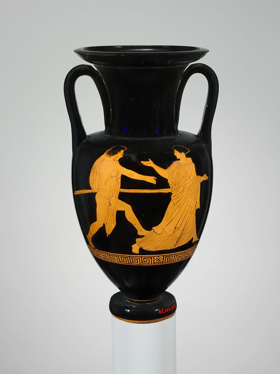 Terracotta Nolan neck-amphora (jar), Attributed to the Phiale Painter, Terracotta, Greek, Attic 