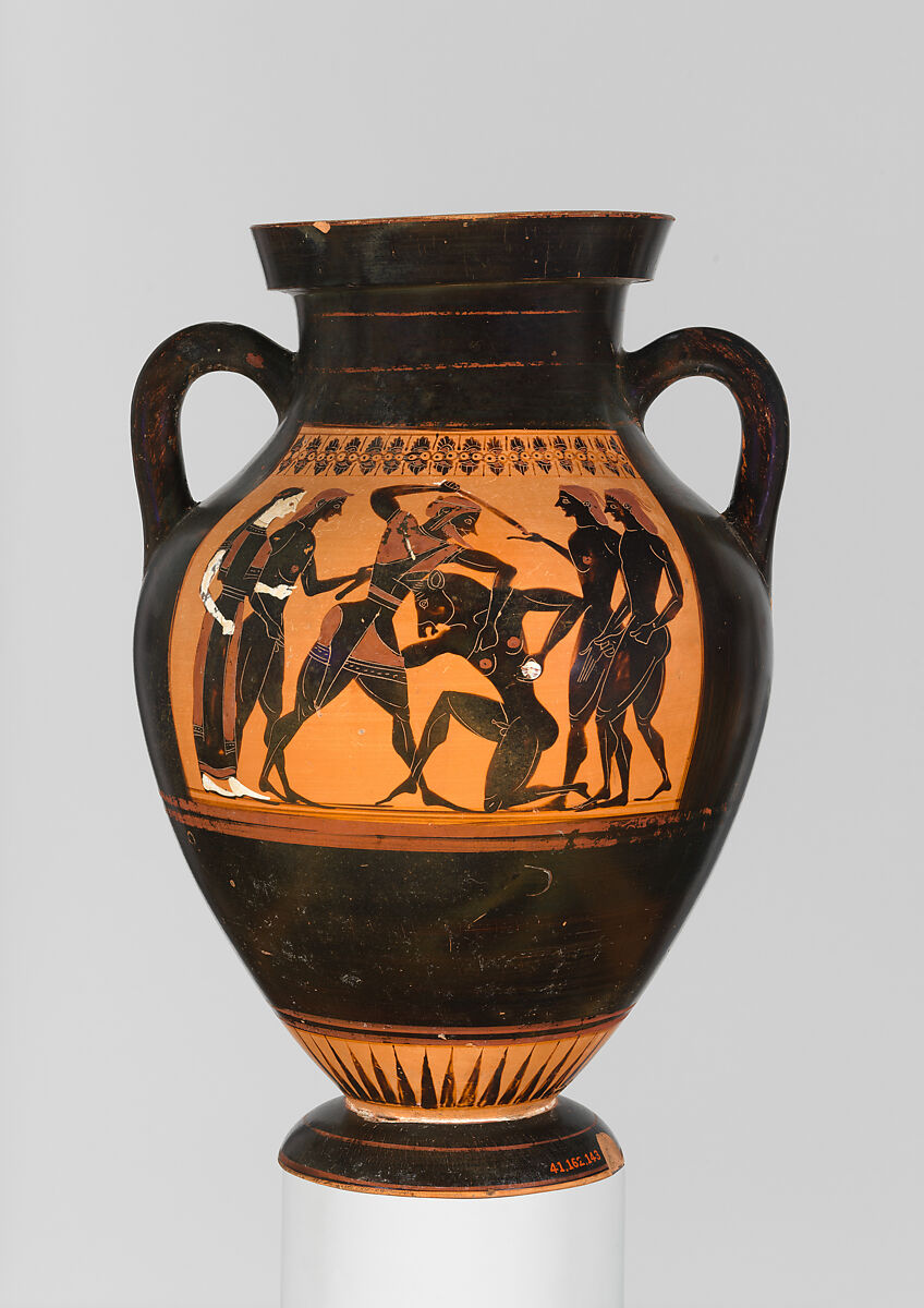 Terracotta amphora (jar), Attributed to Group E, Terracotta, Greek, Attic