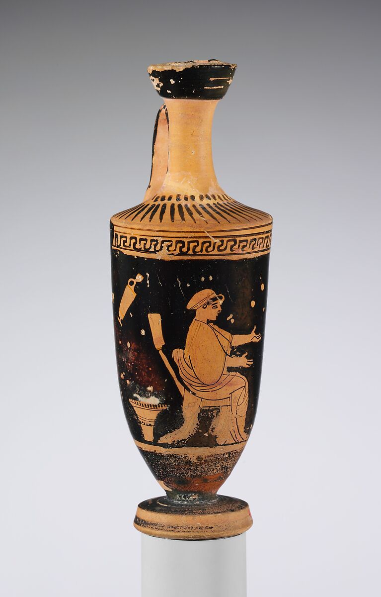 Terracotta lekythos (oil flask), Attributed to the Carlsruhe Painter, Terracotta, Greek, Attic 