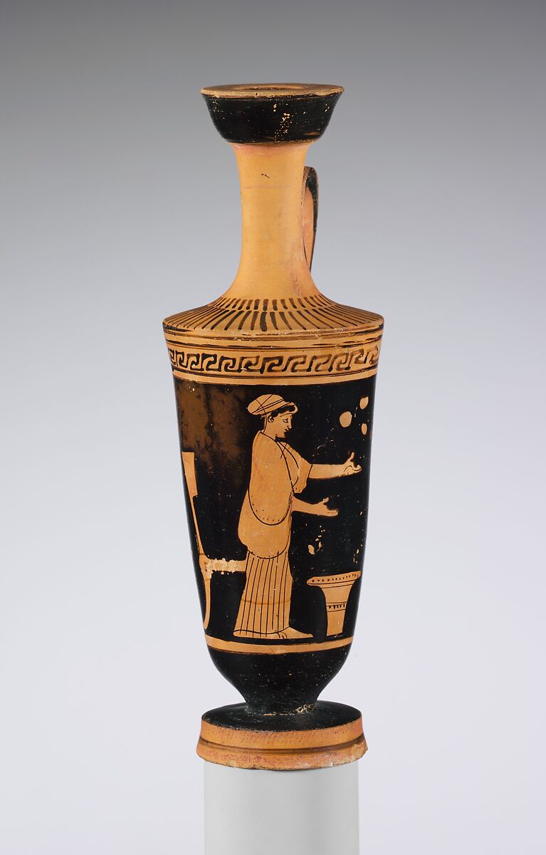 Terracotta lekythos (oil flask), Attributed to the Carlsruhe Painter, Terracotta, Greek, Attic 