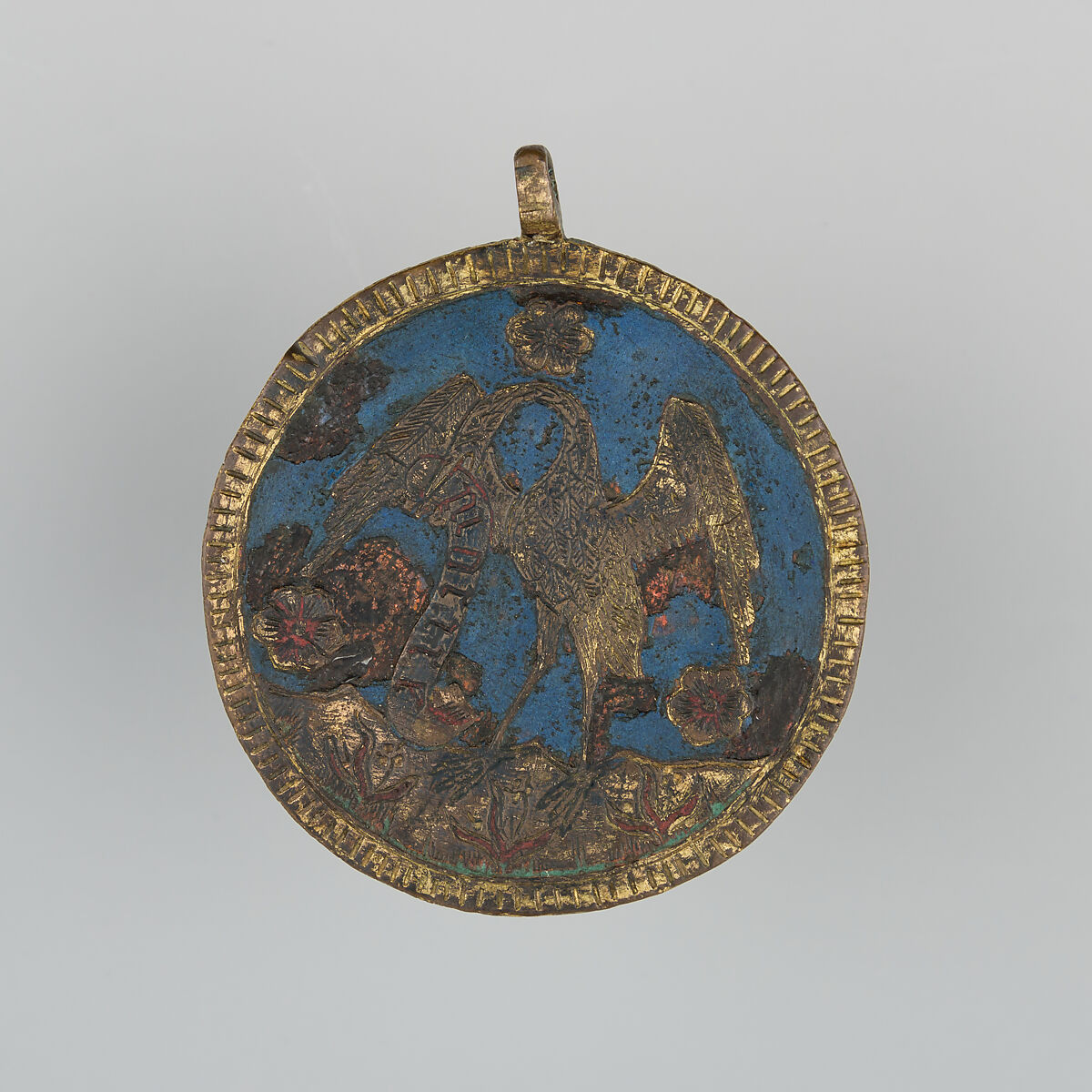 Badge or Harness Pendant, Copper, gold, enamel, probably Spanish 