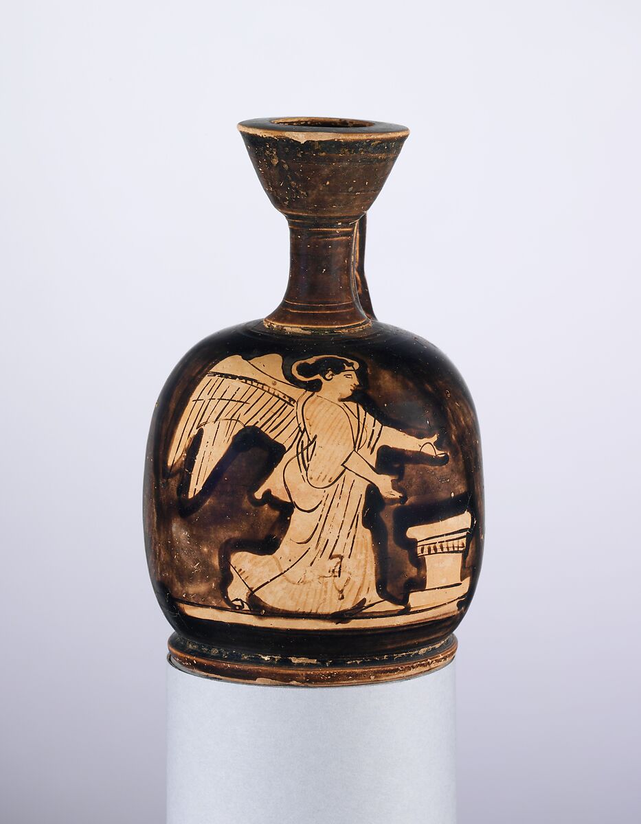 Terracotta squat lekythos, Attributed to the Carlsruhe Painter, Terracotta, Greek, Attic 
