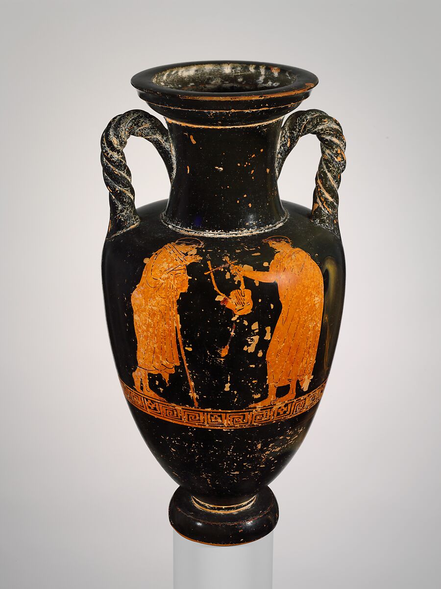 Terracotta neck-amphora (jar) with twisted handles, Attributed to the Painter of the Yale Oinochoe, Terracotta, Greek, Attic