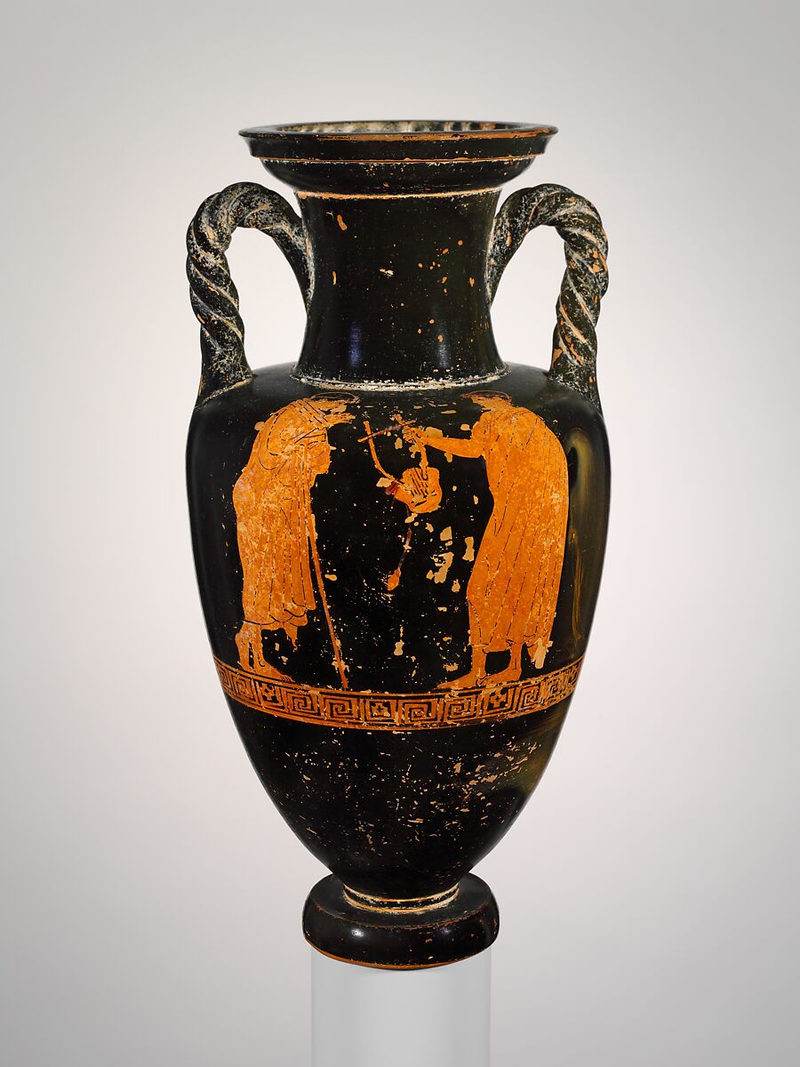 Terracotta neck-amphora (jar) with twisted handles, Attributed to the Painter of the Yale Oinochoe, Terracotta, Greek, Attic