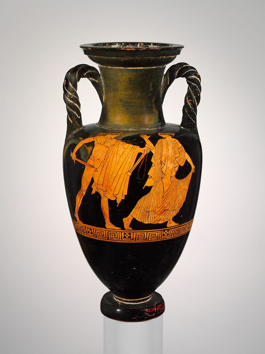 Terracotta neck-amphora (jar) with twisted handles, Attributed to the Painter of the Yale Oinochoe, Terracotta, Greek, Attic 