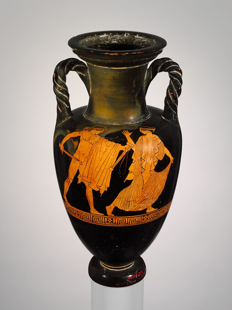 Terracotta neck-amphora (jar) with twisted handles, Attributed to the Painter of the Yale Oinochoe, Terracotta, Greek, Attic