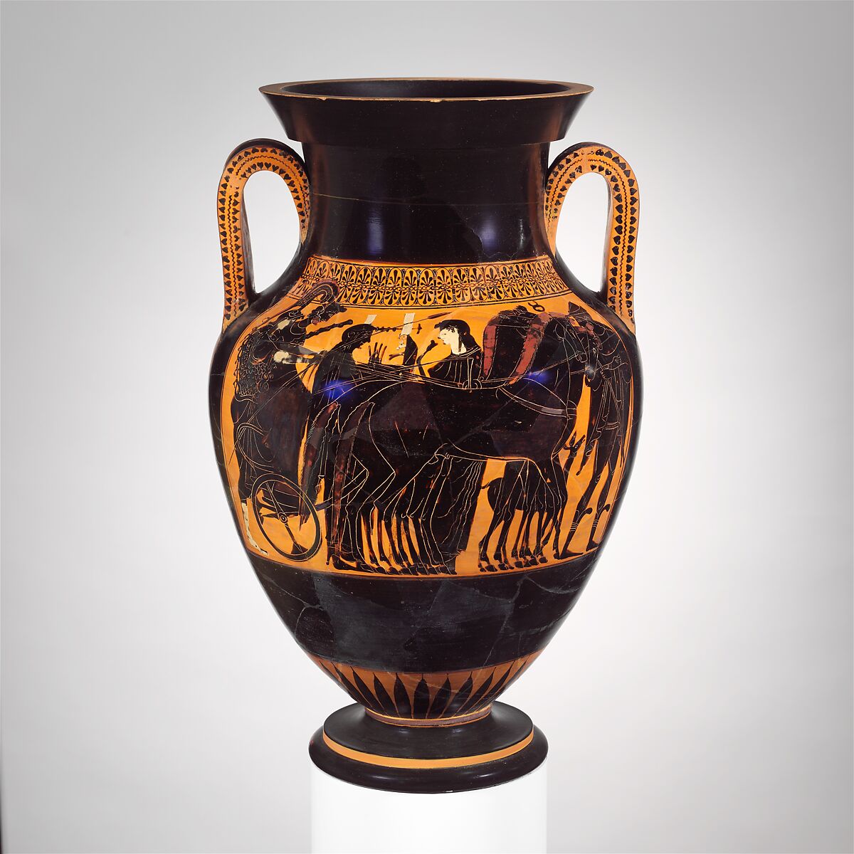 Terracotta amphora (jar), Related to the Antimenes Painter, Terracotta, Greek, Attic 