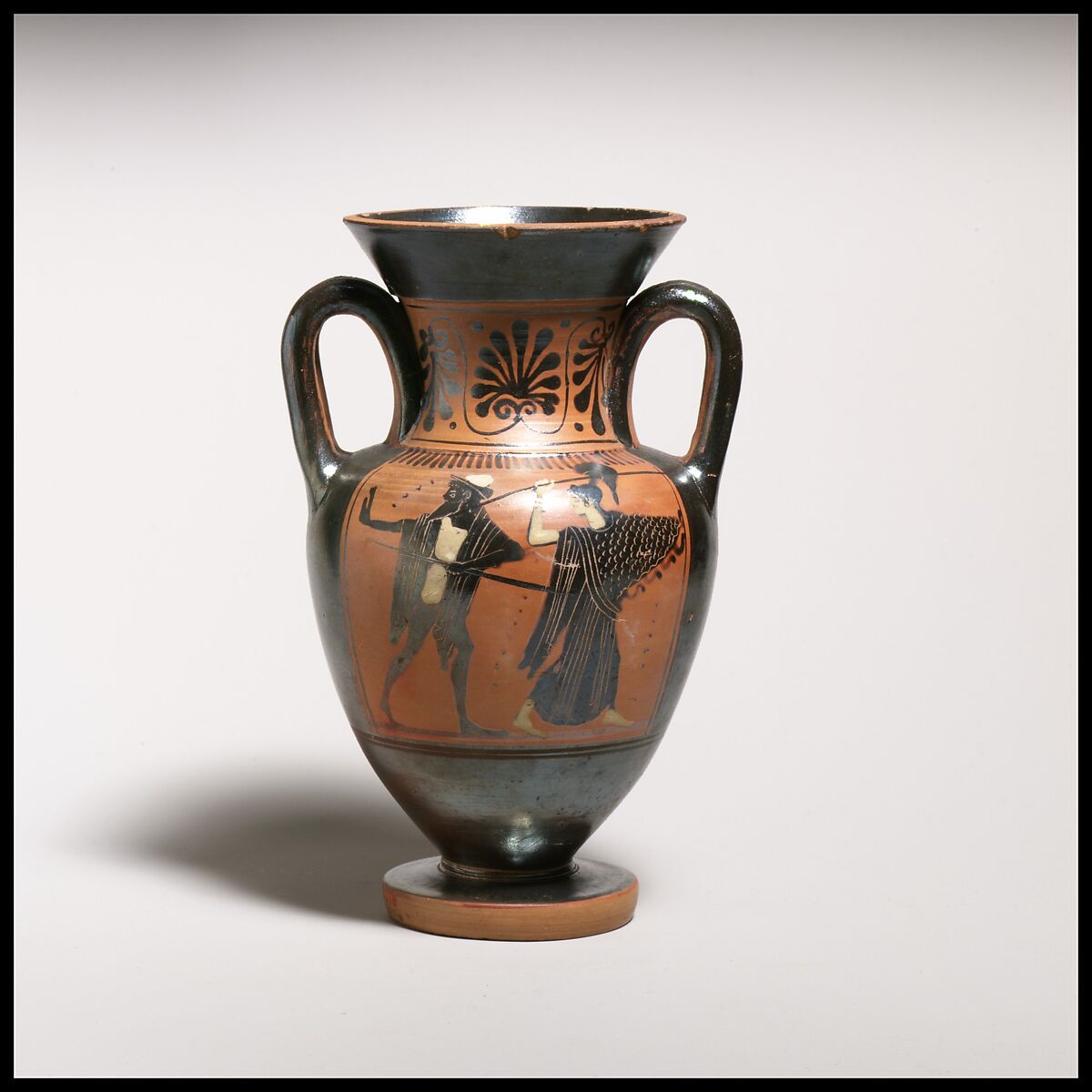 Terracotta neck-amphora (jar) with double handles, Attributed to the Diosphos Painter, Terracotta, Greek, Attic 
