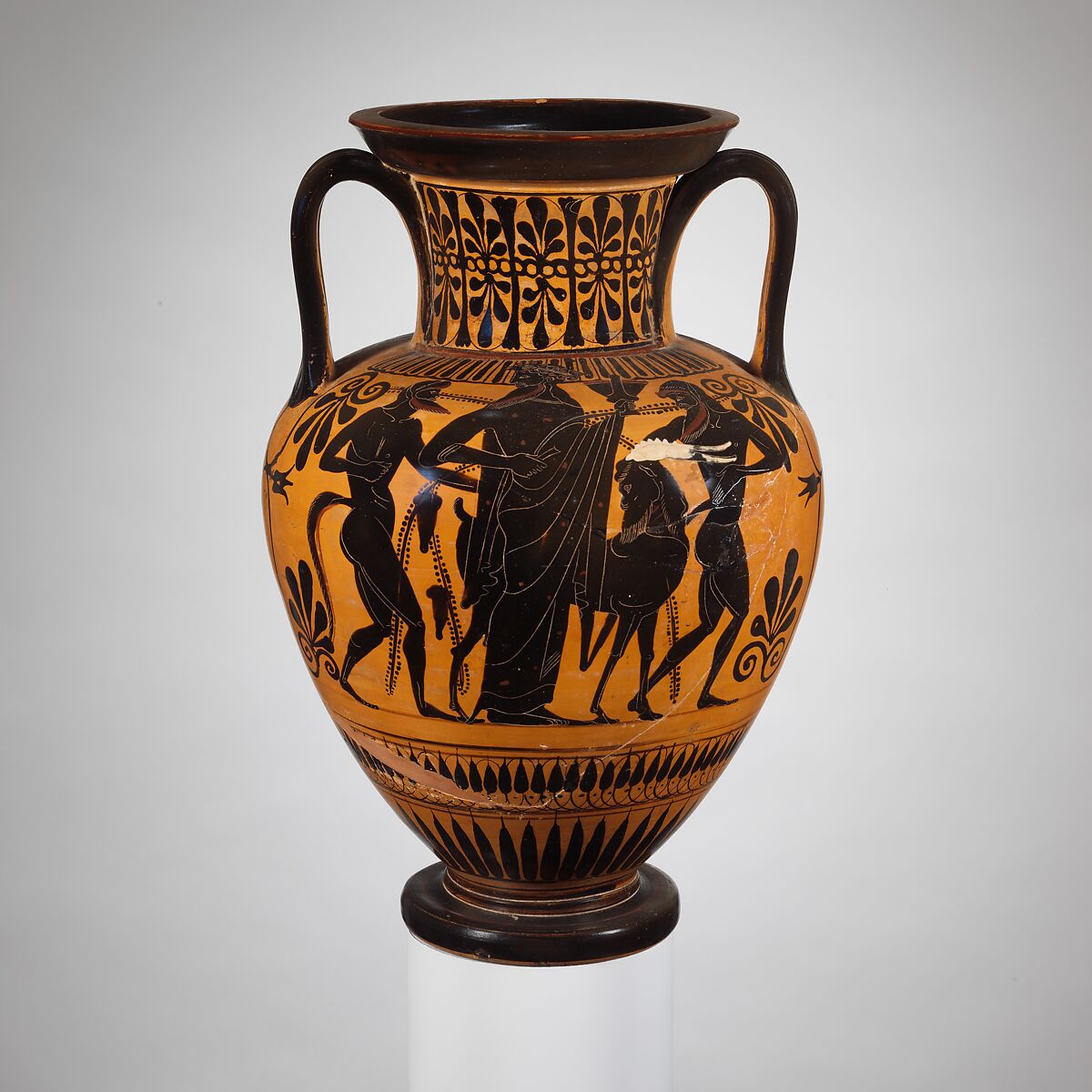 Terracotta neck-amphora (jar), Attributed to the Leagros Group, Terracotta, Greek, Attic 