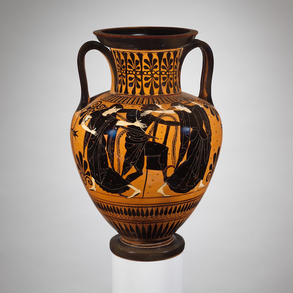 Terracotta neck-amphora (jar), Attributed to the Leagros Group, Terracotta, Greek, Attic