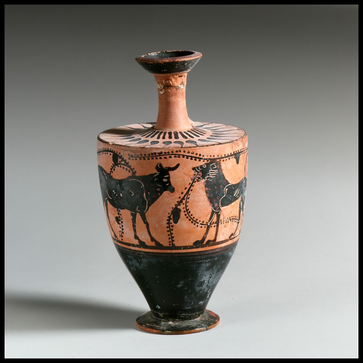 Lekythos, Attributed to the Little Lion Class, Terracotta, Greek, Attic 