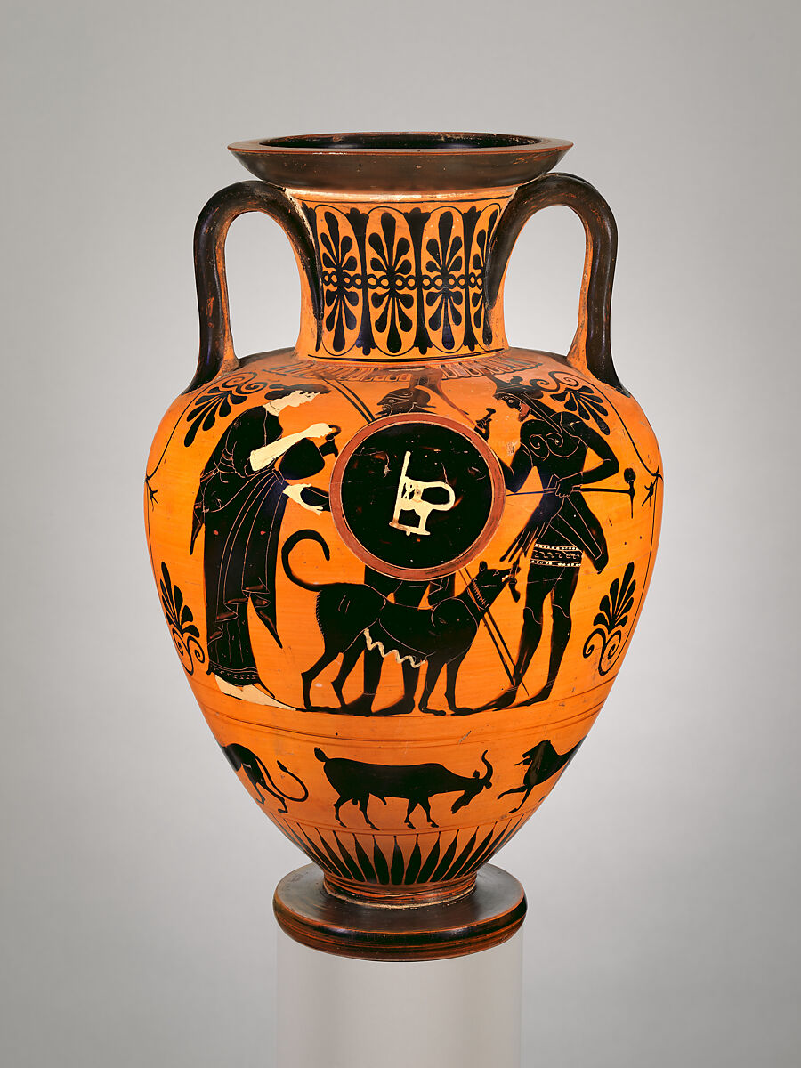 Terracotta neck-amphora (jar), Attributed to the Kleophrades Painter, Terracotta, Greek, Attic 