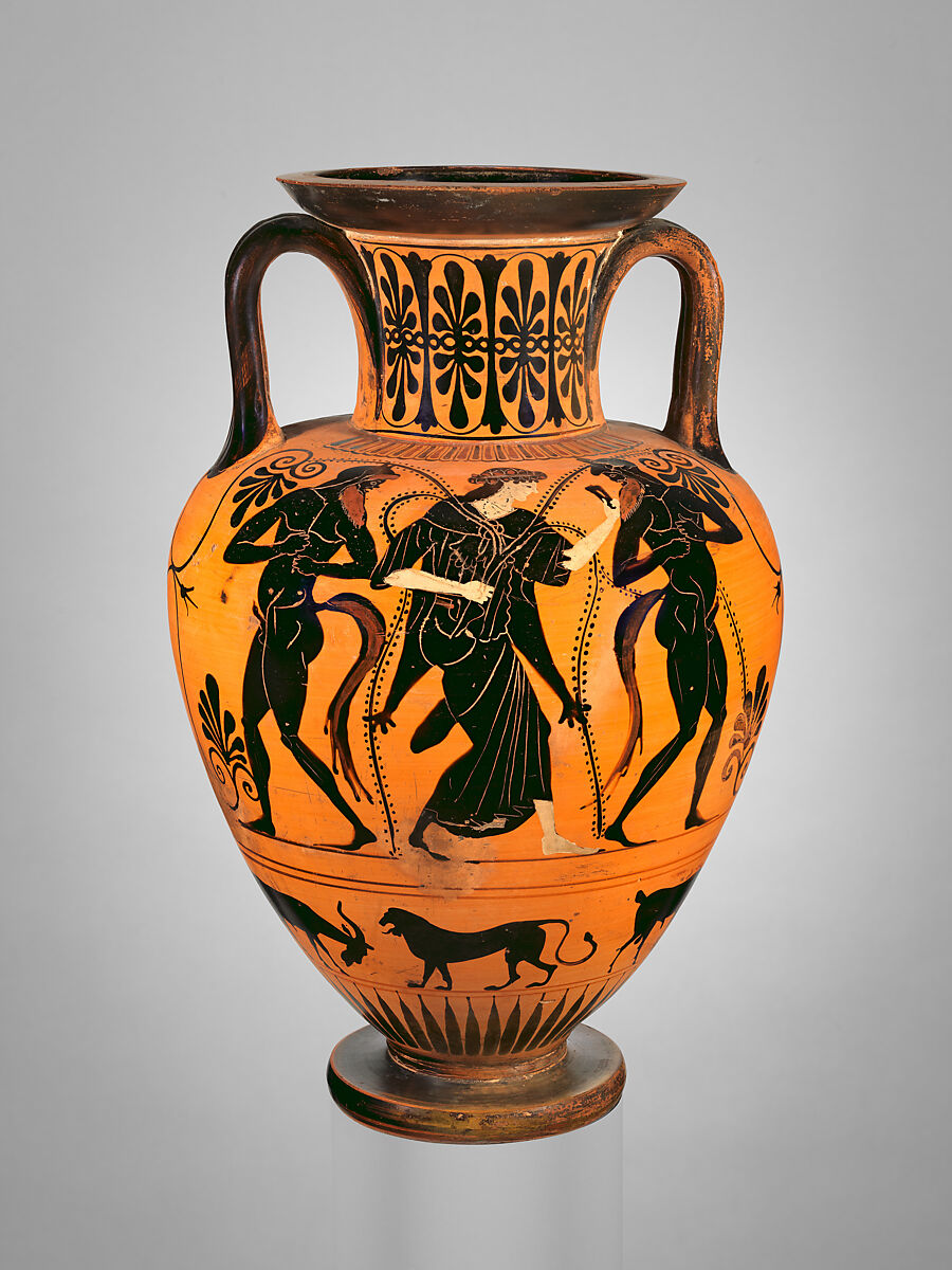 Terracotta neck-amphora (jar), Attributed to the Kleophrades Painter, Terracotta, Greek, Attic