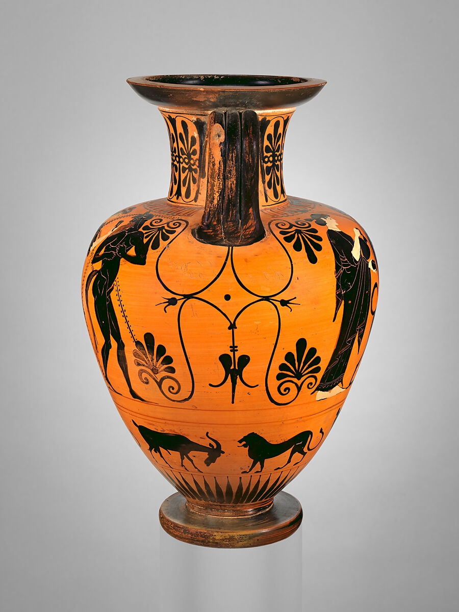 Terracotta neck-amphora (jar), Attributed to the Kleophrades Painter, Terracotta, Greek, Attic