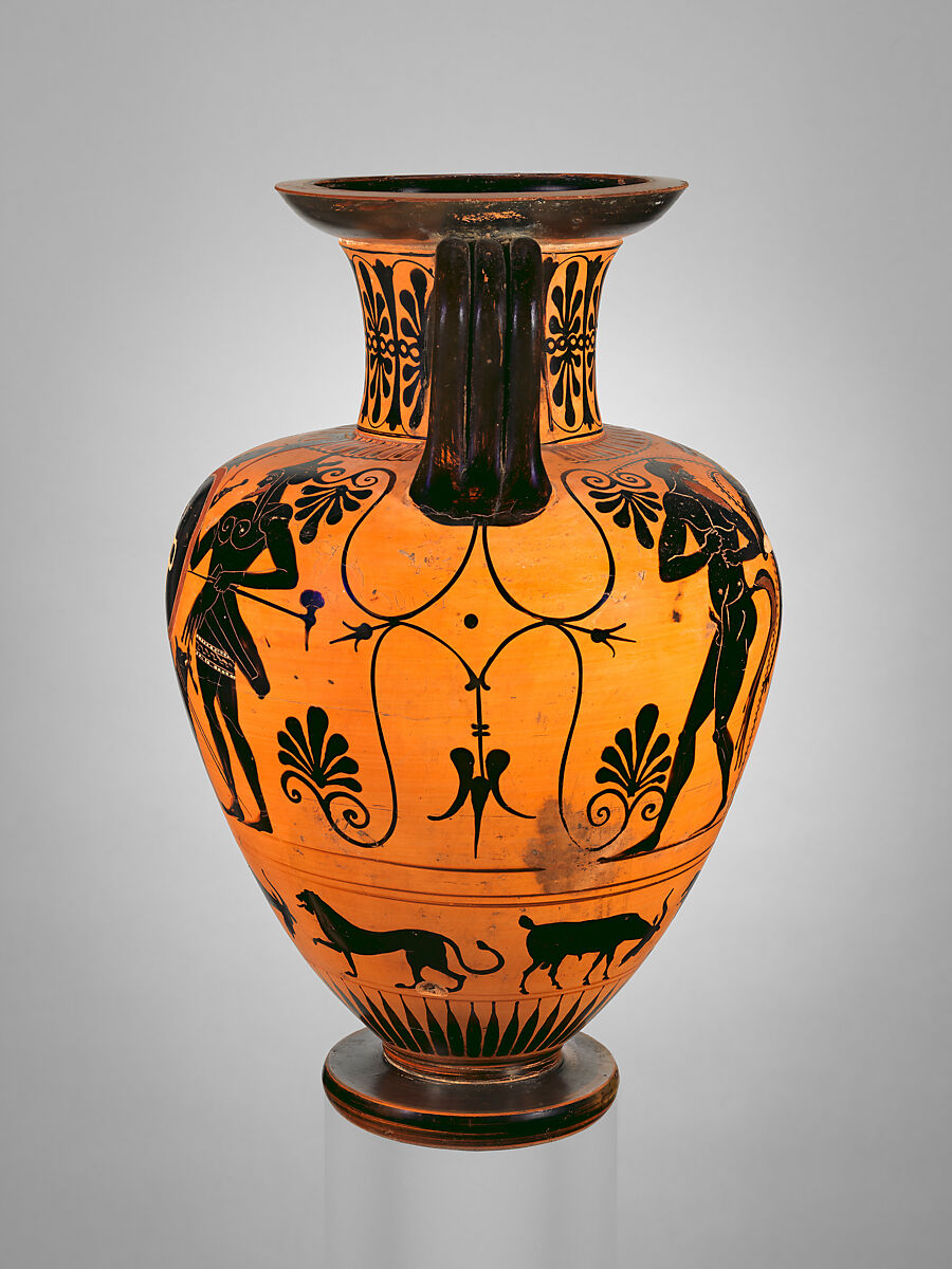 Terracotta neck-amphora (jar), Attributed to the Kleophrades Painter, Terracotta, Greek, Attic