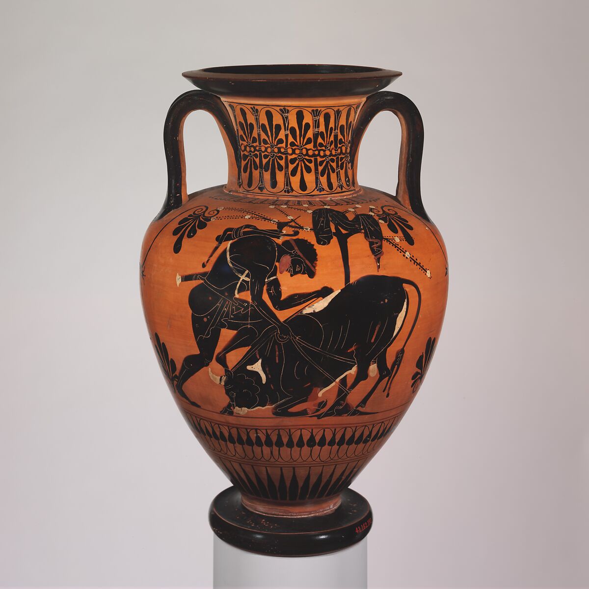 Terracotta neck-amphora (jar) with Herakles and a bull, Terracotta, Greek, Attic 