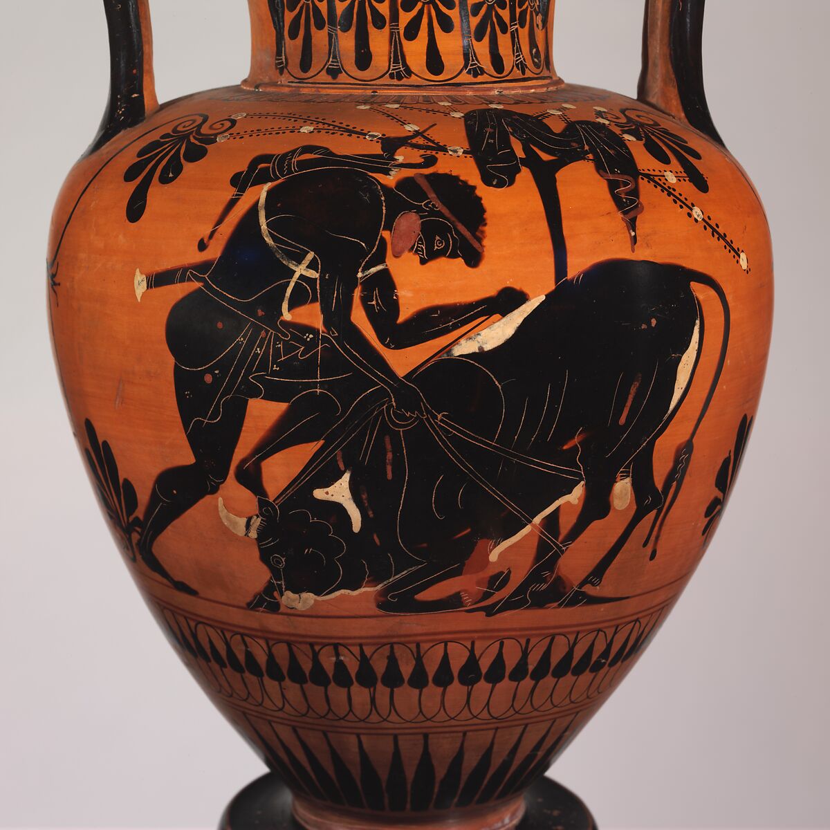 Terracotta neck-amphora (jar) with Herakles and a bull, Terracotta, Greek, Attic