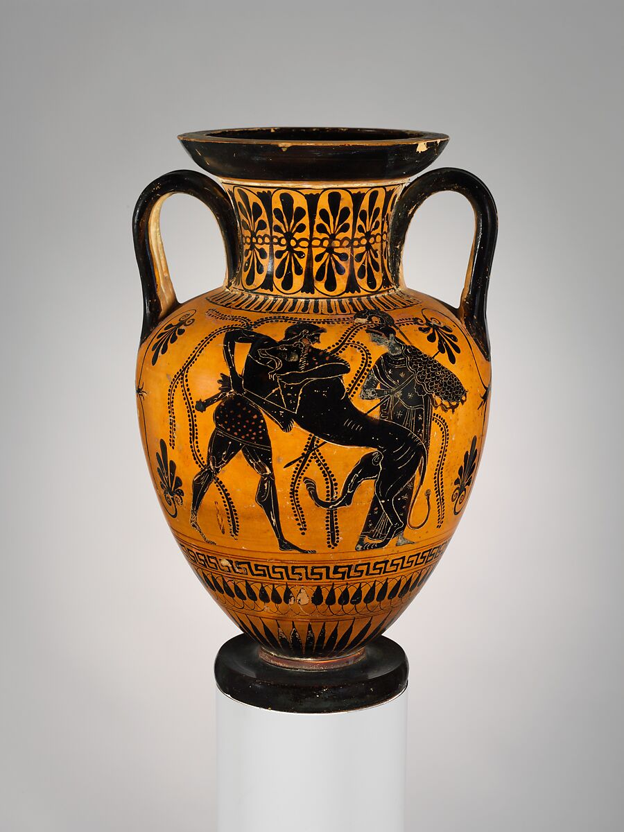 Terracotta neck-amphora (jar), Terracotta, Greek, Attic