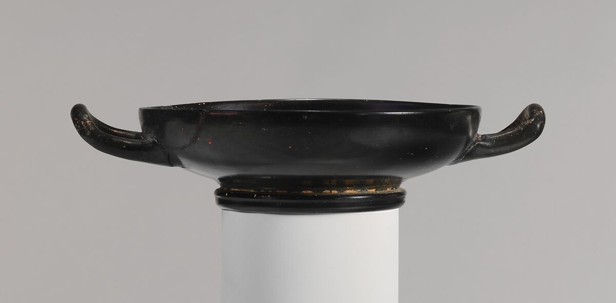 Terracotta stemless kylix (drinking cup), Terracotta, Greek, Attic 