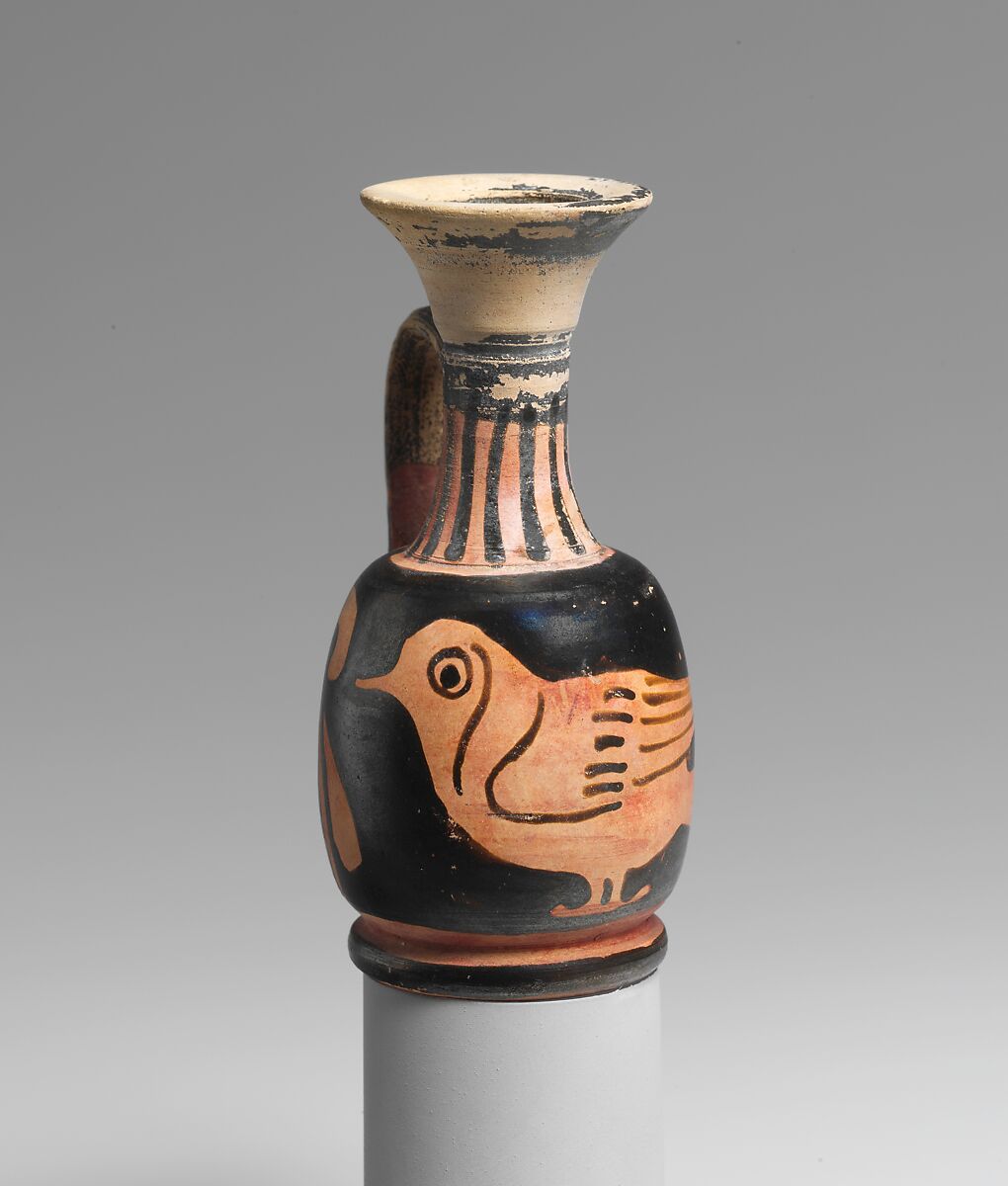 Terracotta lekythos (oil flask) with a bird, Terracotta, Greek, South Italian, Apulian 