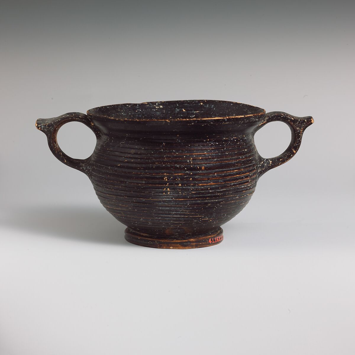 Terracotta kantharos (drinking cup) with vertical ring handles, Terracotta, Greek, Boeotian 