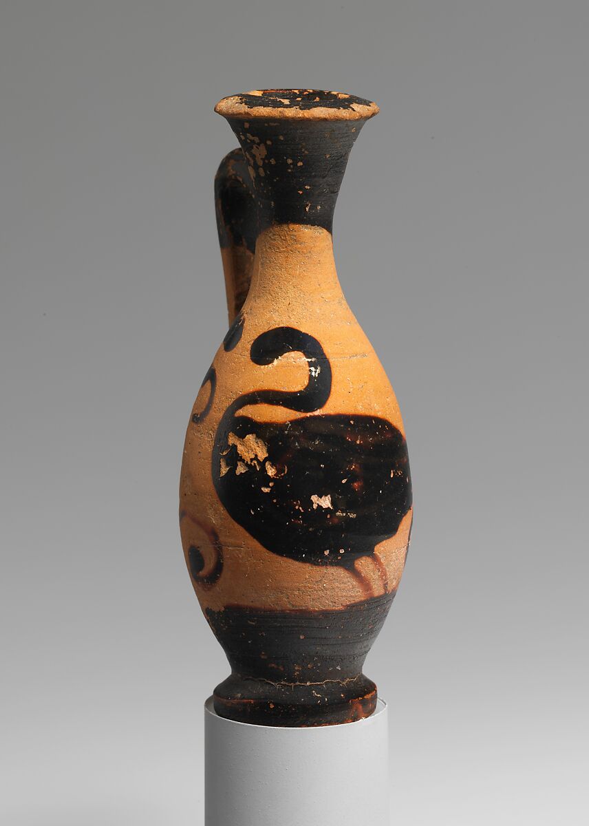 Terracotta toy lekythos (oil flask) with a swan, Terracotta, Greek, South Italian, Campanian 