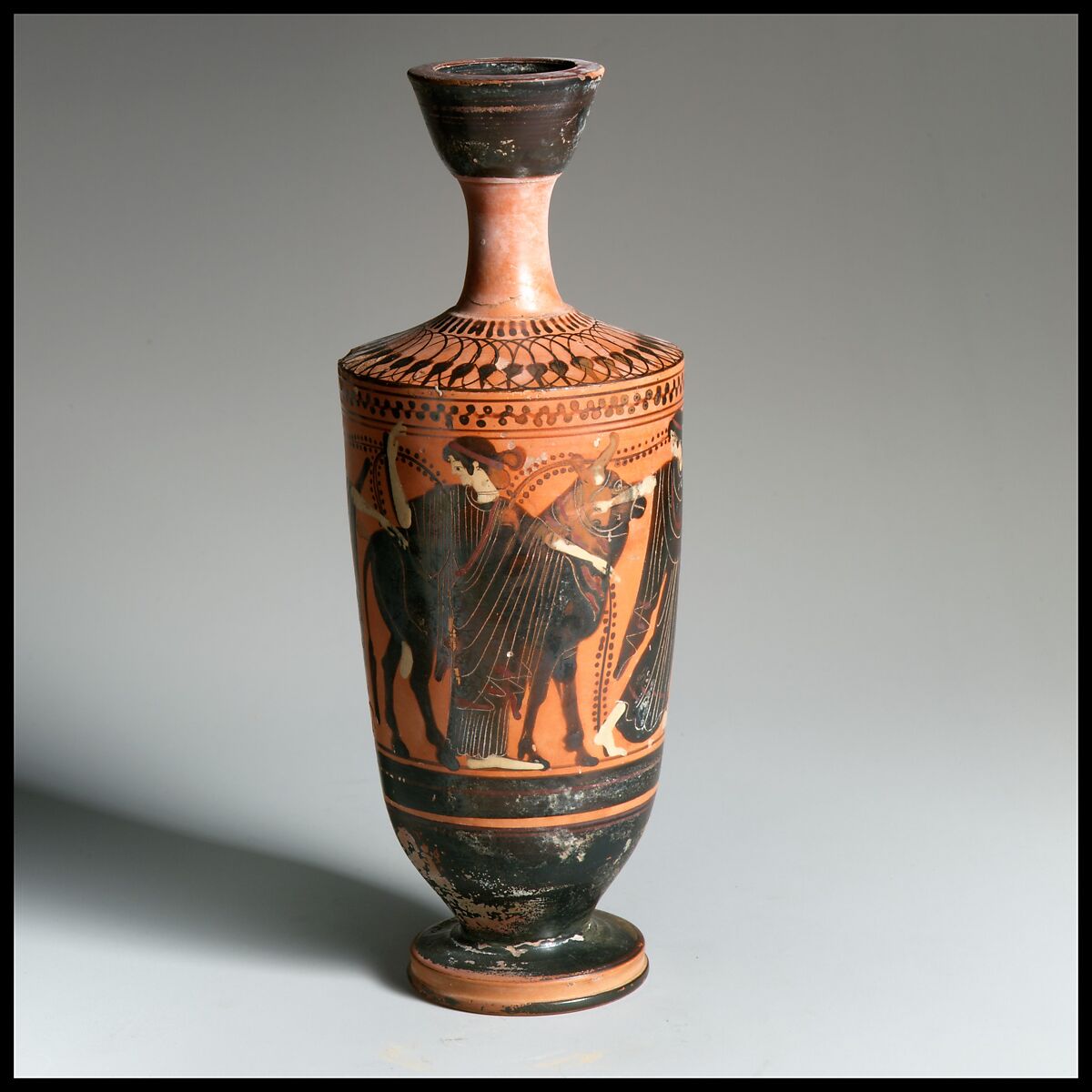 Terracotta lekythos (oil flask), Attributed to Midway between the Diosphos Painter and the Haimon Painter, Terracotta, Greek, Attic