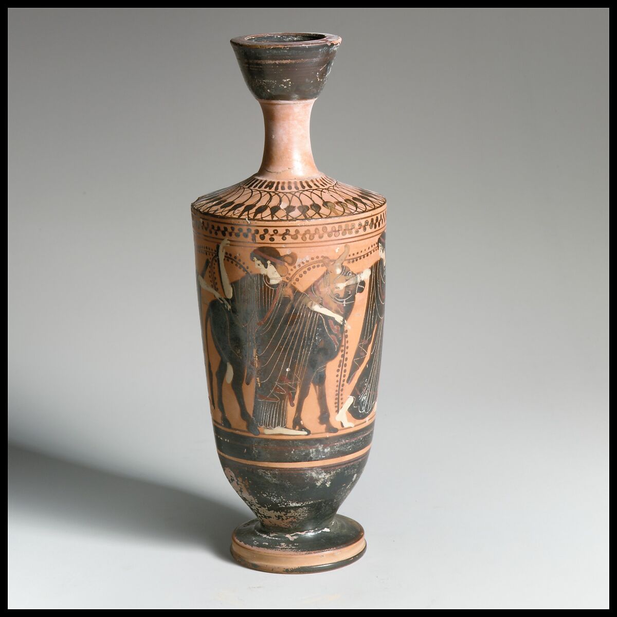 Terracotta lekythos (oil flask), Attributed to Midway between the Diosphos Painter and the Haimon Painter, Terracotta, Greek, Attic