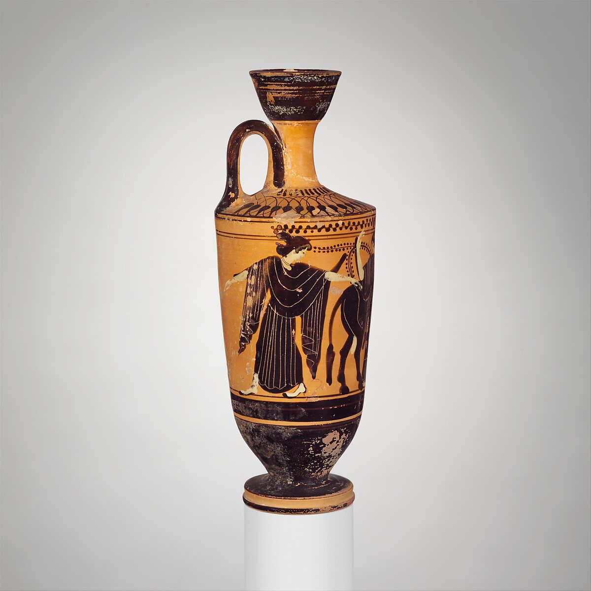 Terracotta lekythos (oil flask), Attributed to Midway between the Diosphos Painter and the Haimon Painter, Terracotta, Greek, Attic
