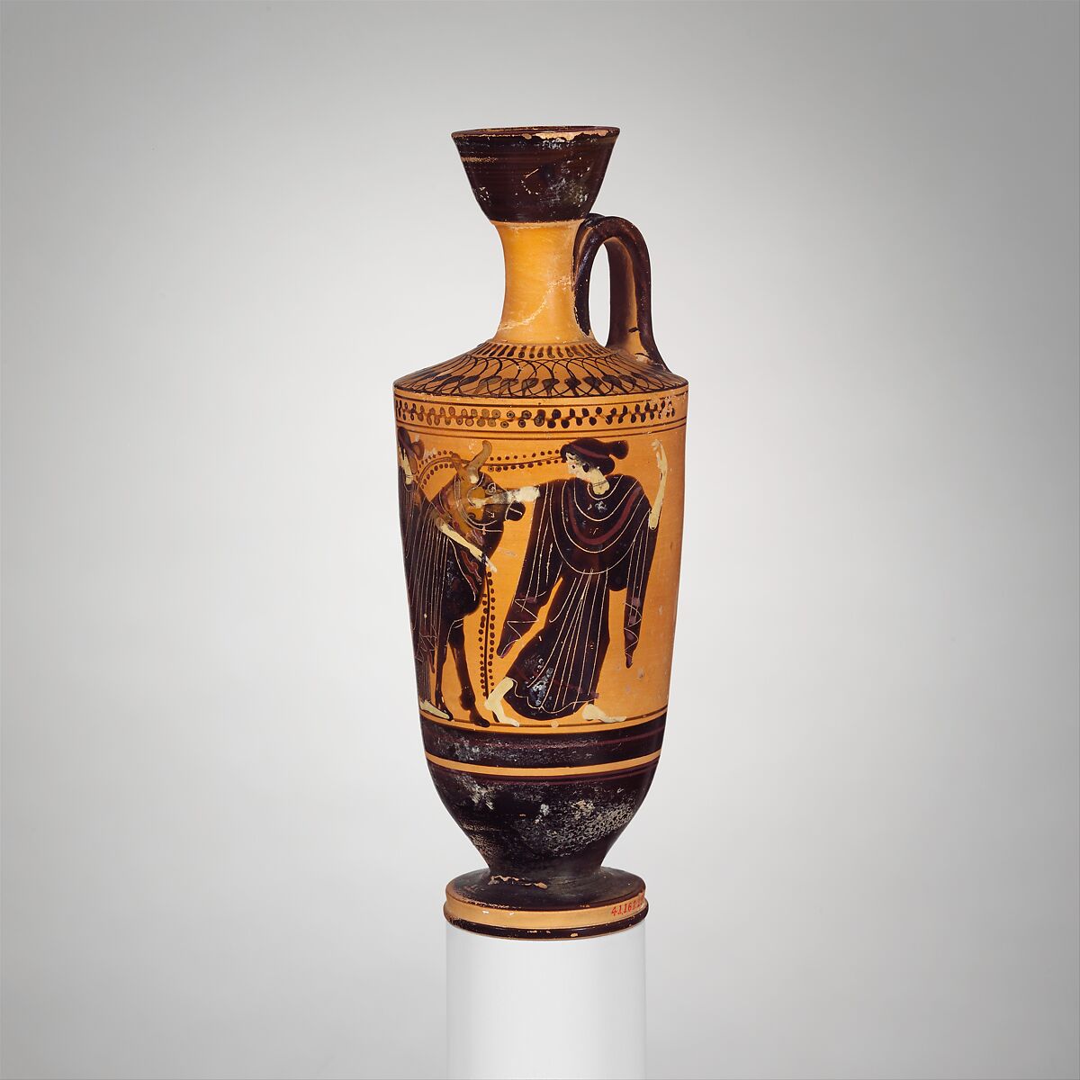 Terracotta lekythos (oil flask), Attributed to Midway between the Diosphos Painter and the Haimon Painter, Terracotta, Greek, Attic
