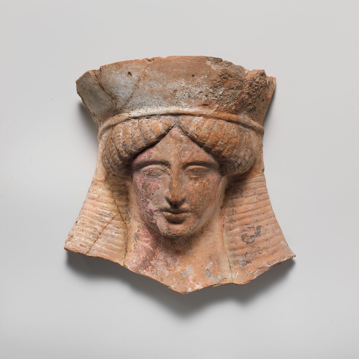 Terracotta relief head of a woman, Terracotta, Greek, Boeotian 