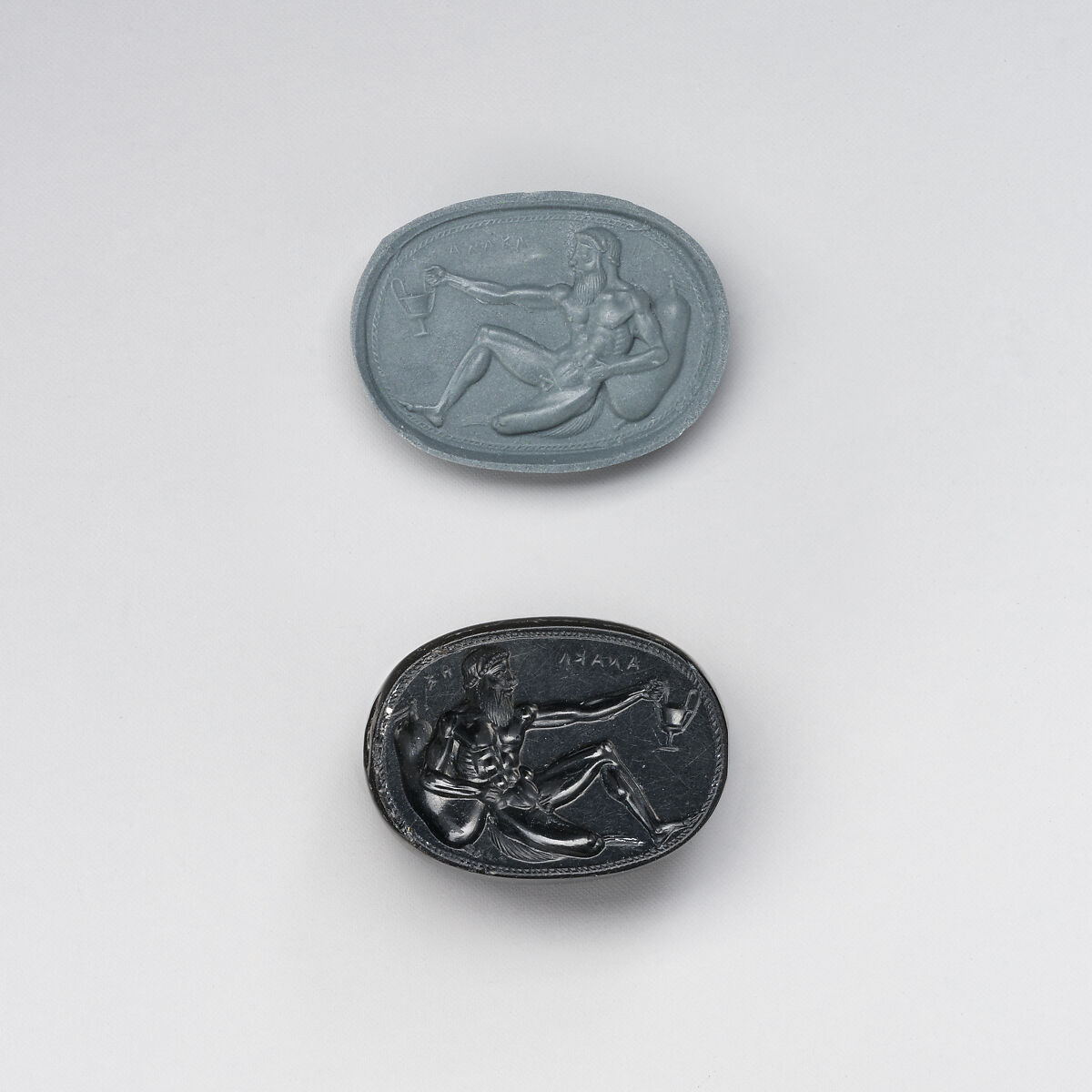 Jasper scaraboid, Inscribed by Anakles, Jasper, black, Greek