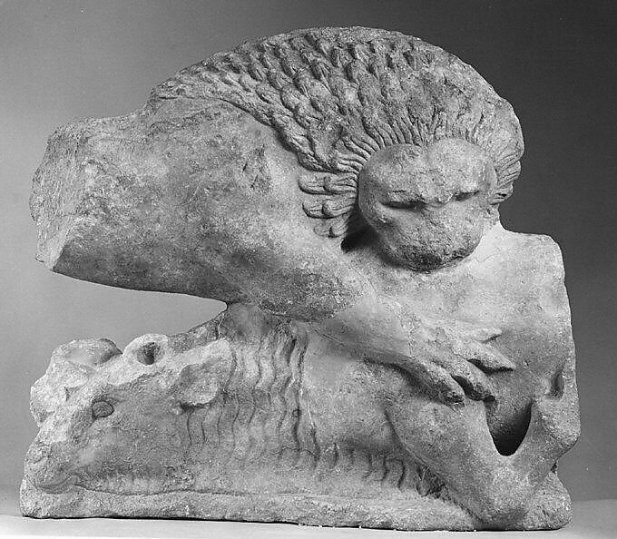 Lion felling a bull, from a marble pediment, Marble, Parian, Greek, Attic