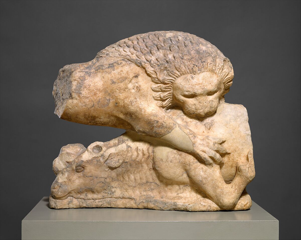 Lion felling a bull, from a marble pediment, Marble, Parian, Greek, Attic 