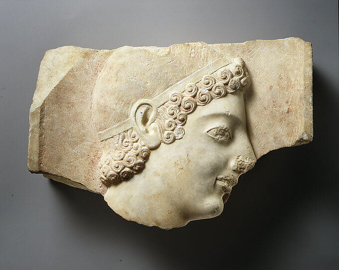 Head of a youth from a marble stele (grave marker), Marble, Parian, Greek, Attic
