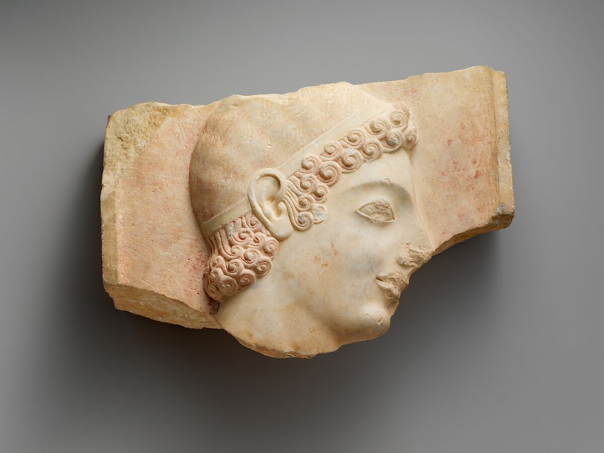 Head of a youth from a marble stele (grave marker), Marble, Parian, Greek, Attic