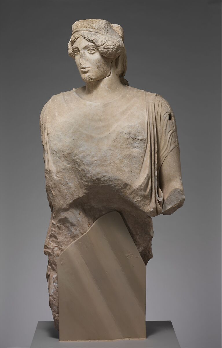 Upper part of a marble statue of a woman, Marble, Pentelic, Roman 