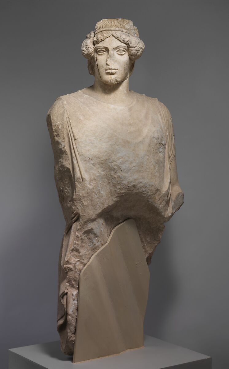 Upper part of a marble statue of a woman, Marble, Pentelic, Roman