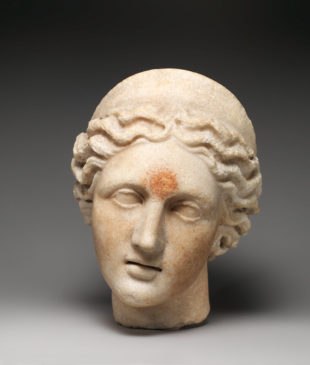 Marble head sculpture of young woman, ancient Greek goddess art