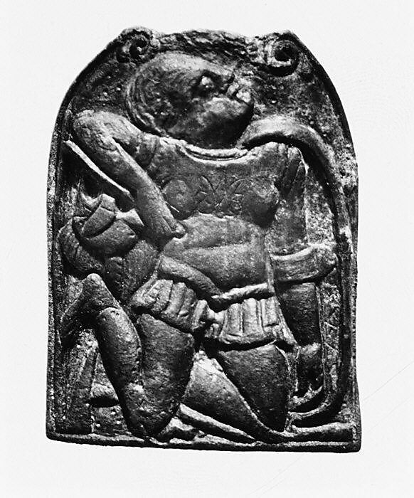 Relief of armed figure collapsing (Capaneus ?), Bronze, Etruscan