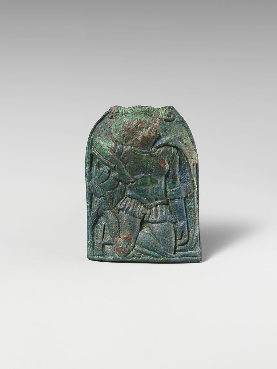 Relief of armed figure collapsing (Capaneus ?), Bronze, Etruscan 