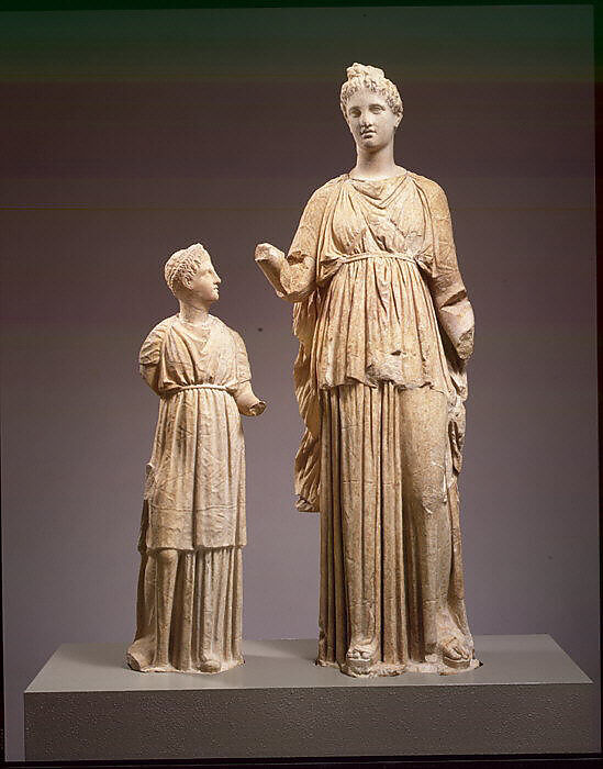 Marble funerary statues of a maiden and a little girl | Greek, Attic