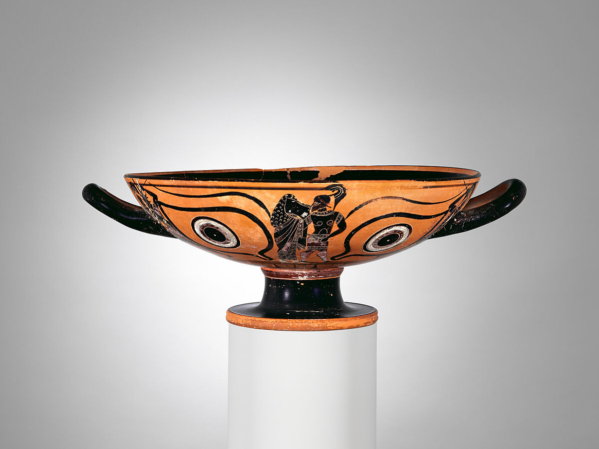 Terracotta kylix: eye-cup (drinking cup), Terracotta, Greek, Attic 