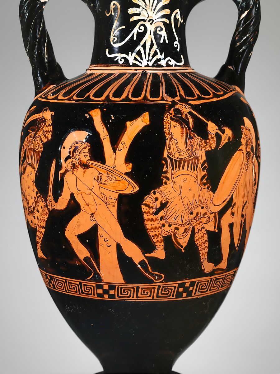 Terracotta neck-amphora (jar) with twisted handles, Attributed to the Suessula Painter, Terracotta, Greek, Attic