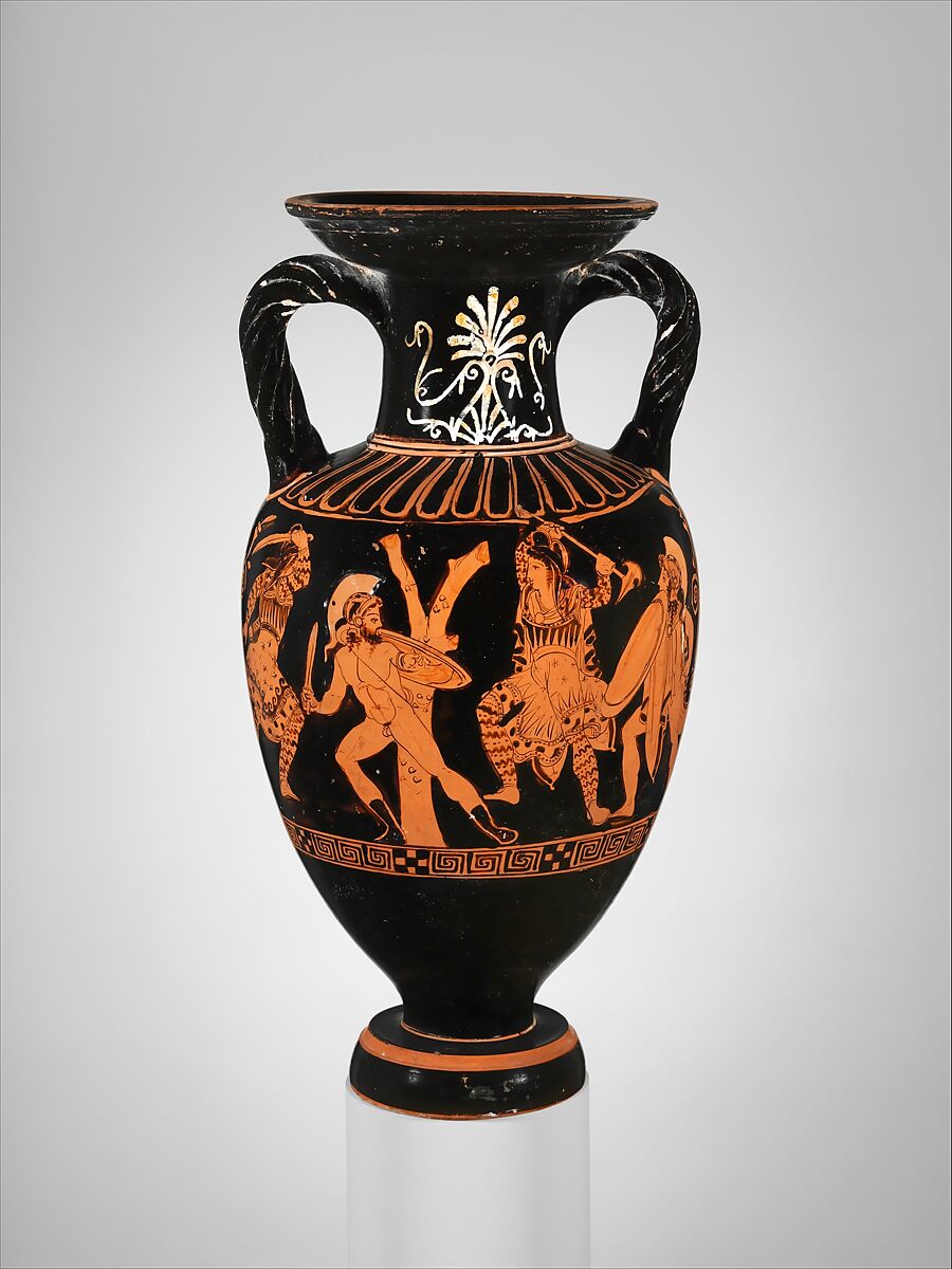 Terracotta neck-amphora (jar) with twisted handles, Attributed to the Suessula Painter, Terracotta, Greek, Attic 