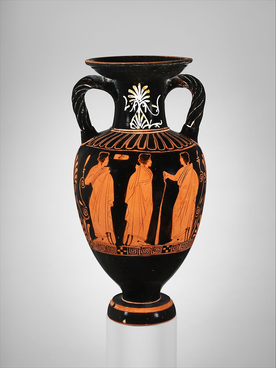 Terracotta neck-amphora (jar) with twisted handles, Attributed to the Suessula Painter, Terracotta, Greek, Attic