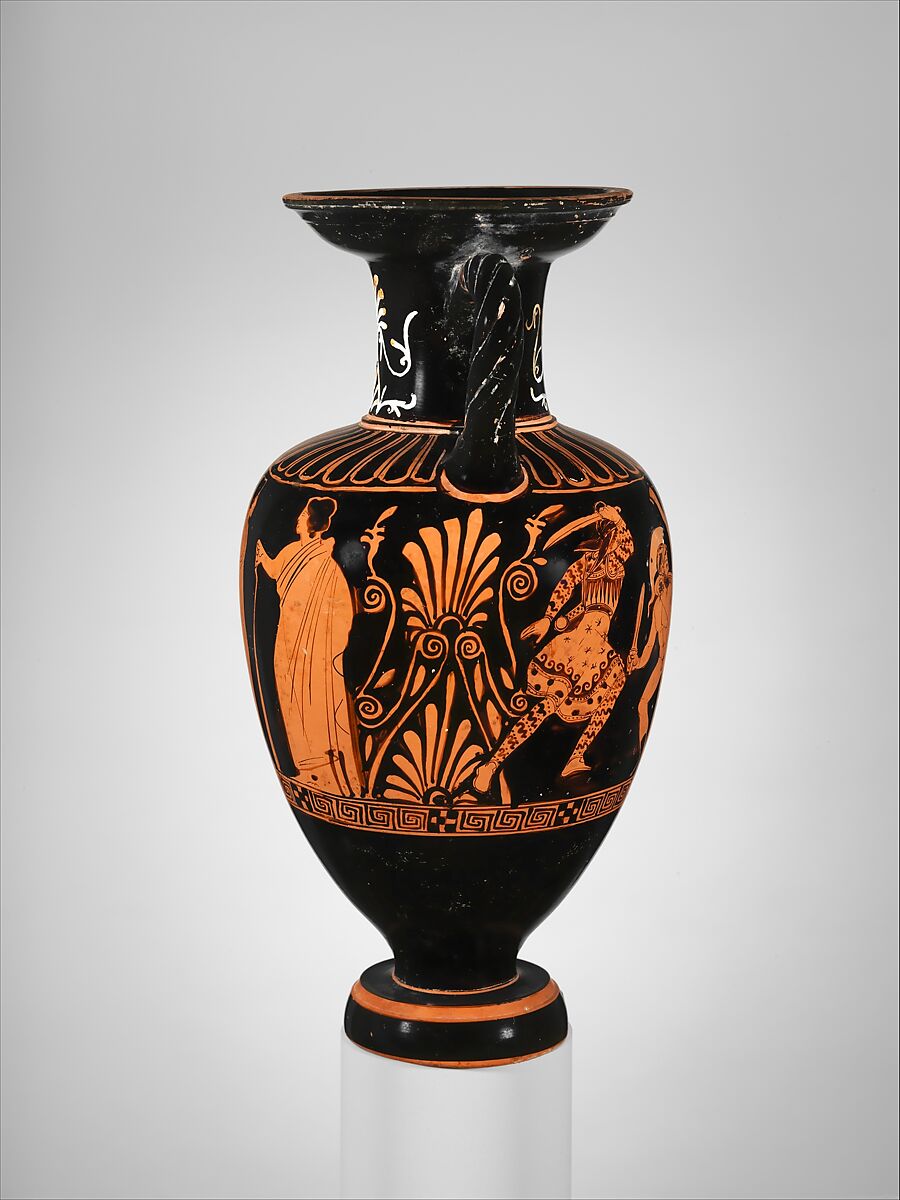 Terracotta neck-amphora (jar) with twisted handles, Attributed to the Suessula Painter, Terracotta, Greek, Attic