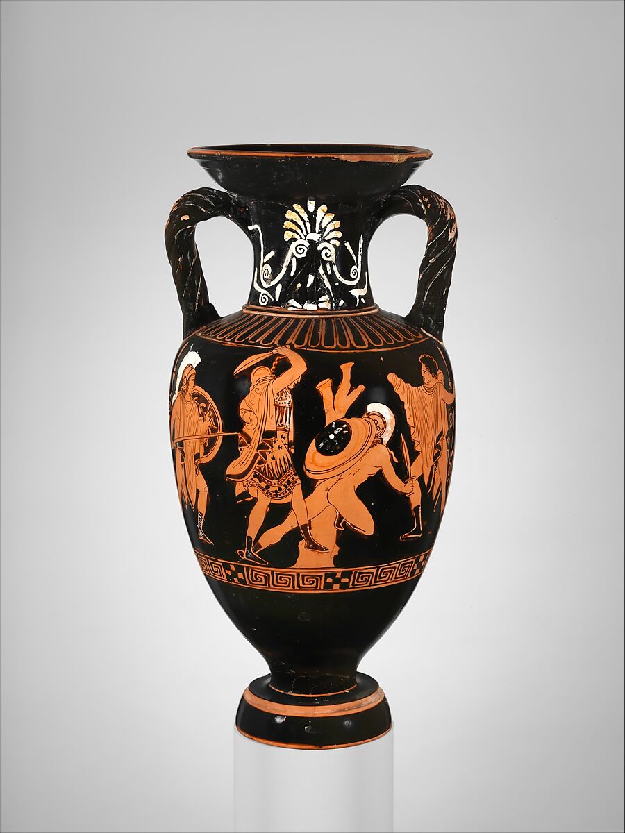 Terracotta neck-amphora (jar) with twisted handles, Attributed to the Suessula Painter, Terracotta, Greek, Attic 