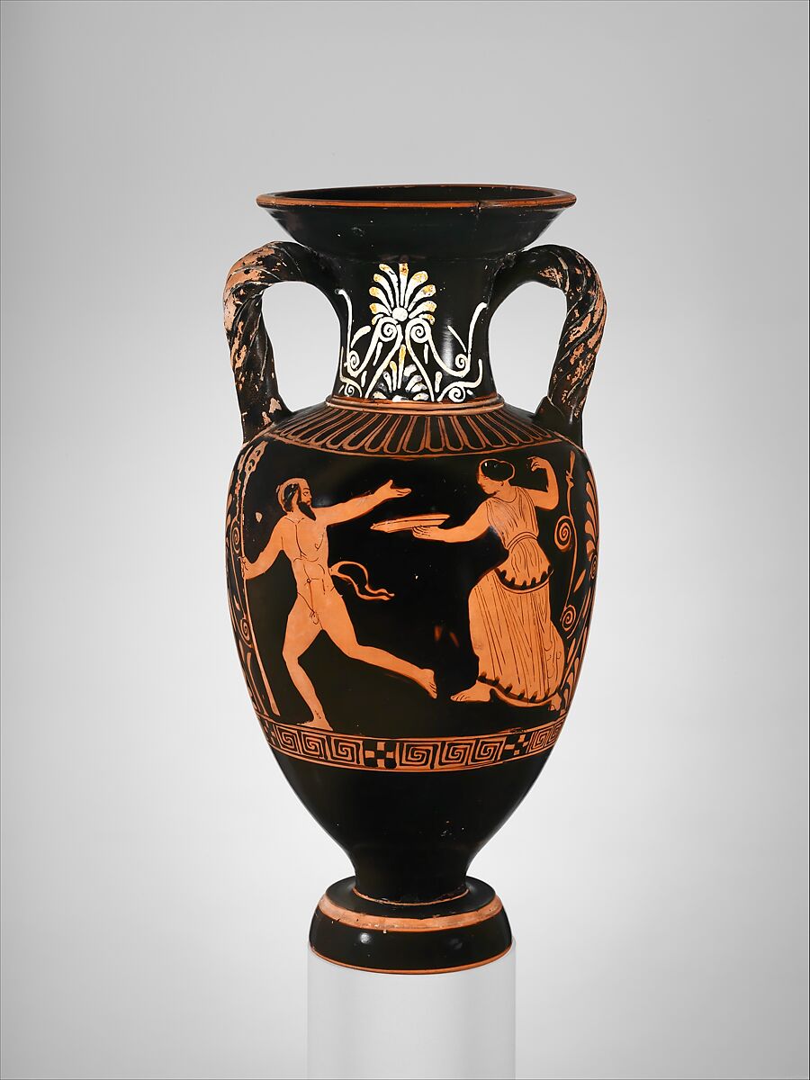 Terracotta neck-amphora (jar) with twisted handles, Attributed to the Suessula Painter, Terracotta, Greek, Attic
