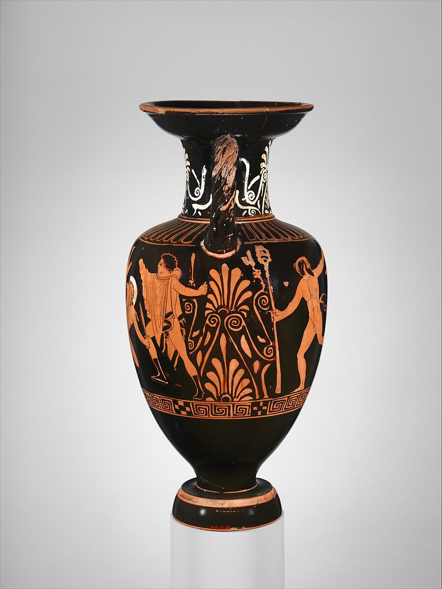 Terracotta neck-amphora (jar) with twisted handles, Attributed to the Suessula Painter, Terracotta, Greek, Attic